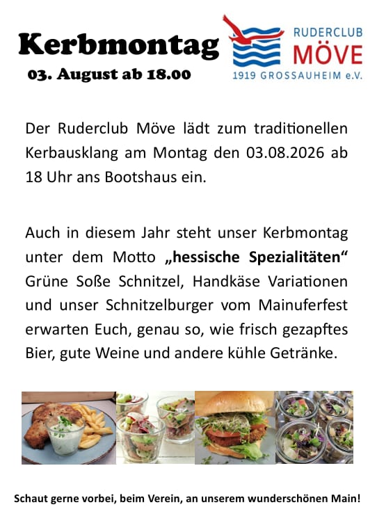 Kerbmontag am 3. August 2026 ab 18 Uhr am Bootshaus des Ruderclub Möve